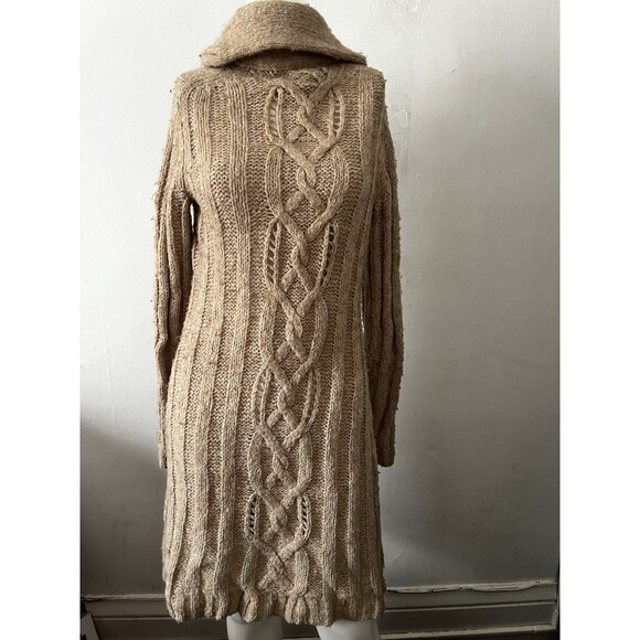 Vintage Banana Republic Beige Cowl Neck Button Across Cable Knit Duster Sweater - Picture 5 of 9